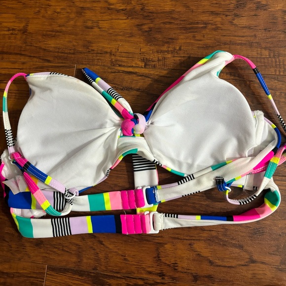 Bikini Set High-Waisted Bathing Suit Bottoms and Neon Striped Swim Top - Picture 3 of 4